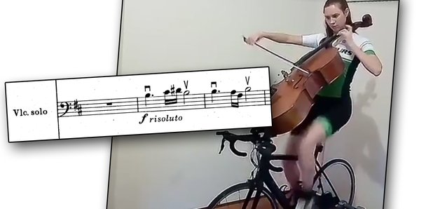 cellist on exercise bike